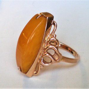 Russian 14K 583 Rose Pink Gold Baltic Butterscotch Egg Yolk Amber Cocktail RING